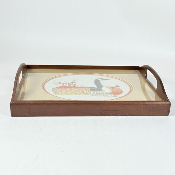 Vintage Fall Goose Harvest Cross-Stitch Serving Tray Rustic Farmhouse Decor - Picture 4 of 10